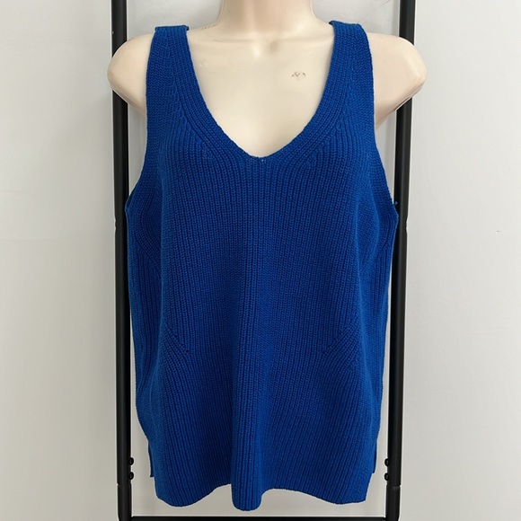 Loft Cobalt Blue Current Knit Sweater Top Sleeves V-neck Women Size S New - Picture 2 of 8